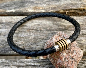 Mens Leather Bracelet With Stainless Steel  Clasp, Mens Bracelet, Braided Bolo Leather Bracelet, , Gifts under 20 CS-106
