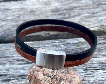 Mens Leather Bracelet, 2 Strands of 5mm x 2mm Flat Leather with Stainless Steel  Clasp, Mens Bracelet, Gifts under 20 CS-23