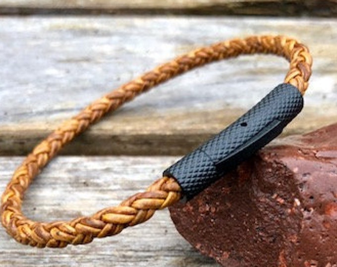 Men's Braided Leather Bracelet With Black Stainless Steel Locking Bayonet Style Clasp CS45A