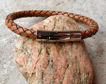 Sandy Brown Braided Leather Bracelet With Stainless Steel Locking Clasp Men's Leather Bracelet Gift Under 20 CS3