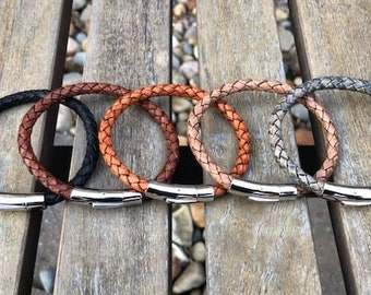 Mens Braided Bolo Leather Bracelets with Stainless Steel Bayonet Locking Clasp 5 Colors To Choose From Made To Order CS20