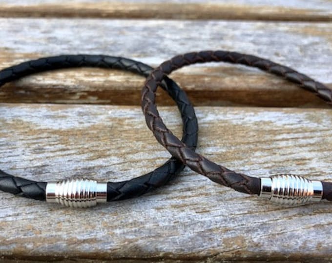 Mens Leather Bracelet With Silver Tone Brass Magnetic Clasp, Thin Braided Leather Bracelet, Mens Bracelet, Gifts under 20 CS12A