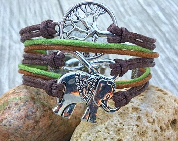 Charm Bracelet, Elephant Bracelet, Infinity Charm, Wish Tree, Vegan Bracelet with Tree of Life CH-54