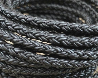 8mm Black Round Braided Leather Cord - Natural Dye - 8mm Wide - 8 Strand Braided Cord - 8 Ply By The Foot LCBR - 1