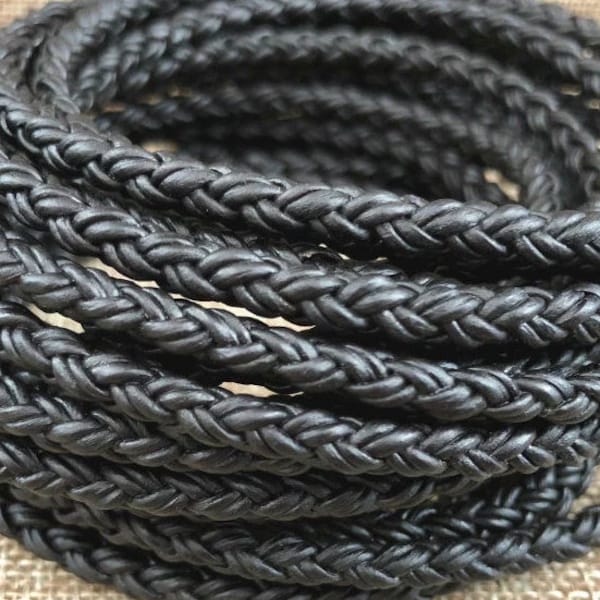 8mm Black Round Braided Leather Cord - Natural Dye - 8mm Wide - 8 Strand Braided Cord - 8 Ply By The Foot LCBR - 1