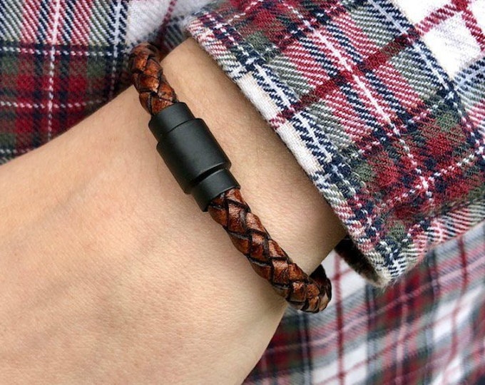 Mens Leather Bracelet With Black Magnetic Clasp, Mens Bracelet, Mens Gift, Gift For Dad, Gift For Him, s, Gifts Under 20 CS-45