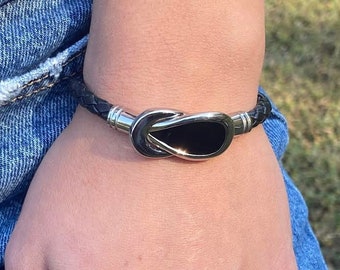 Overlapping  Paddle Clasp Braided Leather Bracelet with Black Enamel Insert and Stainless Steel Clasp