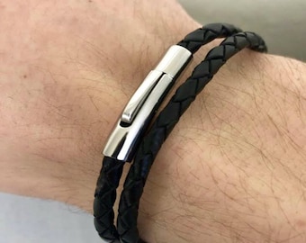 Mens Leather Bracelets Men's Bracelets Leather Leather Bracelets for Men Double Wrap Braided Leather Bracelet Stainless Steel  Clasp