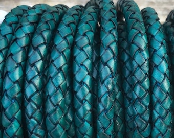 6mm Braided Leather Cord - Antique Teal - Genuine Indian Leather Cord, By The Yard - LCBR6 - 6mm Antique Teal #42