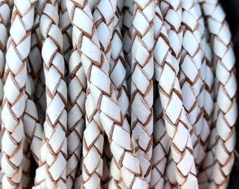 4mm White Bolo Braided Leather Cord Premium Quality Smooth and Flexible All Leather No Filler By The Yard  LCBR - 4  Premium White #P