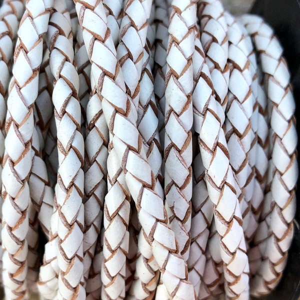 4mm White Bolo Braided Leather Cord Premium Quality Smooth and Flexible All Leather No Filler By The Yard  LCBR - 4  Premium White #P