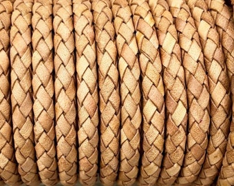 6.3mm Braided Leather Cord -  Natural  - By The Yard - Made In India LCBR6 - #4 Natural