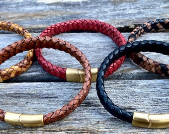 Mens Leather Bracelet, 10mmx5mm Flat Braided Leather Bracelet With Brushed Gold Tone Clasp, Bracelet Gift Under 20 CS-127A Gold
