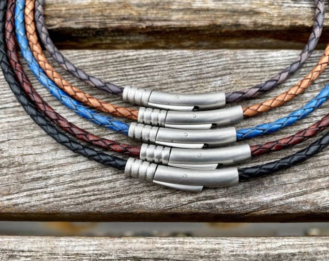 4mm Braided Leather Necklace, Premium European Leather Cord Necklace, Stainless Steel Clasp, Braided Leather Necklace, FREE SHIPPING USA