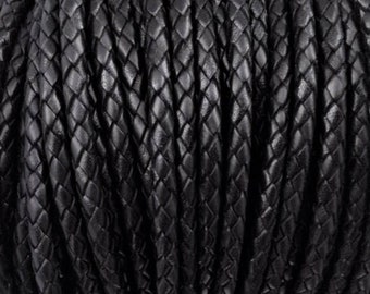 3mm Black Bolo Braided Leather Premium Cord Black Bolo Leather Smooth and Flexible All Leather No Filler LCBR-3  Black #A