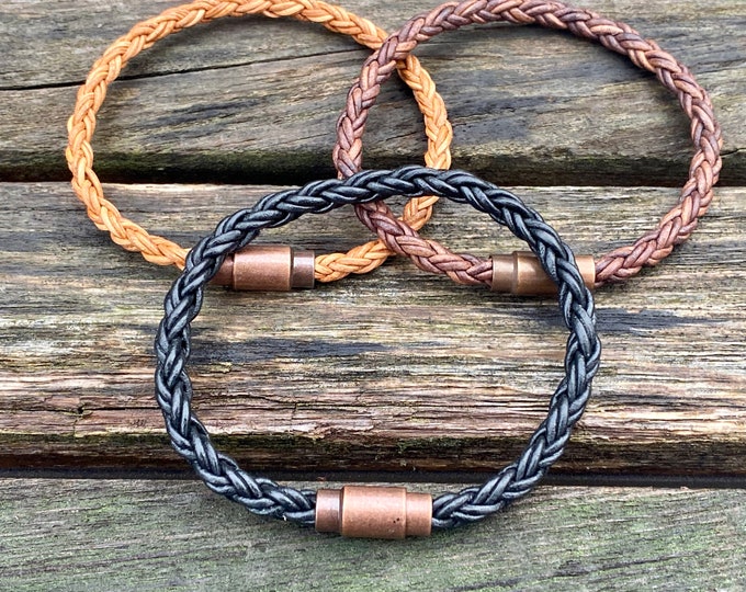 Thin Braided Men's Leather Bracelet With Brass Magnetic Clasp Available In Four Colors CS-45