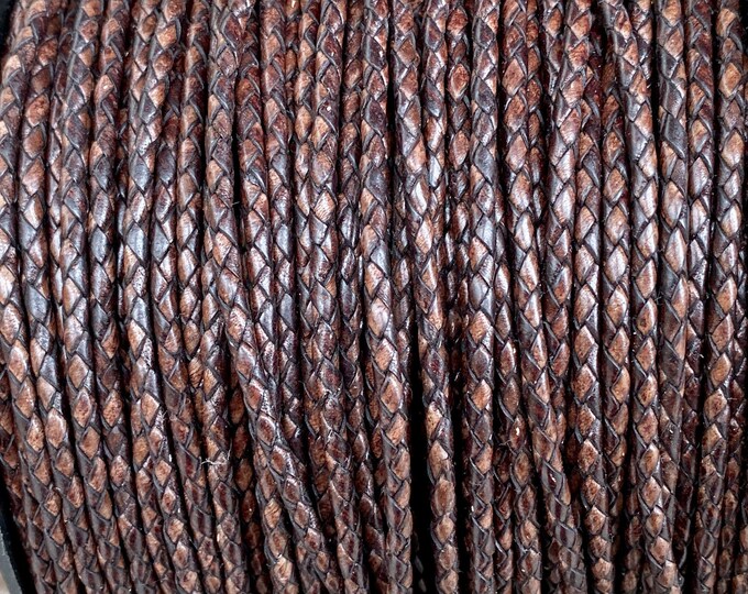 3mm Braided Leather - Natural Antique Brown - 3 mm Round Bolo Leather Cord From Germany All Leather No Filler LCBR - 3  Antique Brown #B