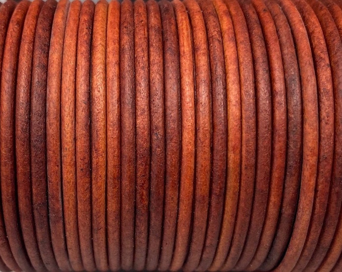 2mm Premium Brown Natural Dye Distressed Round Leather Cord 2mm - 2mm Round Leather Cord LCR2 - Red Chestnut #22