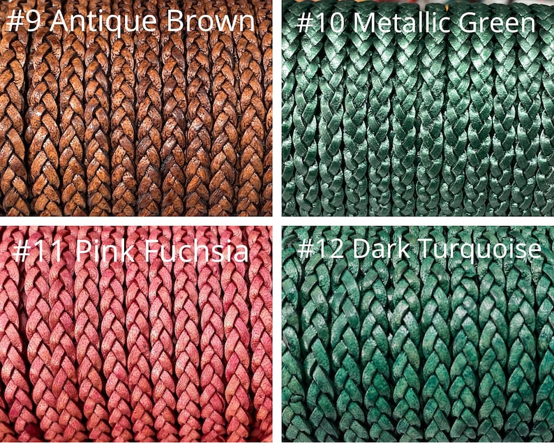 K&ouml;nnte beinhalten: Nahaufnahme von vier Spulen geflochtener Kordel in verschiedenen Farben. Die Farben umfassen Antikbraun, Metallicgr&uuml;n, Pink Fuchsia und Dunkelt&uuml;rkis. Jede Spule ist mit einer Nummer und einem Farbnamen beschriftet.