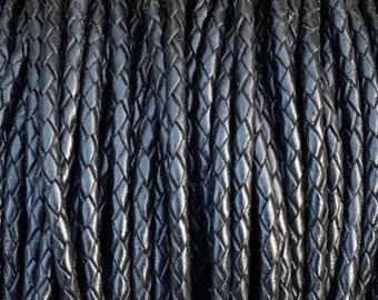 4mm Black Bolo Braided Leather Cord Premium German Quality Smooth and Flexible All Leather By The Yard  LCBR - 4  #A Premium Black