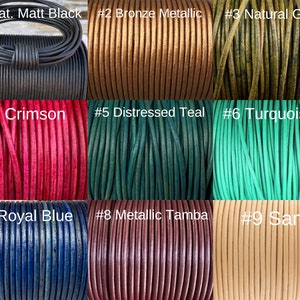 May include: Nine spools of leather cord in various colors, including natural black, bronze metallic, natural green, crimson, distressed teal, turquoise, royal blue, metallic tamba, and sand.