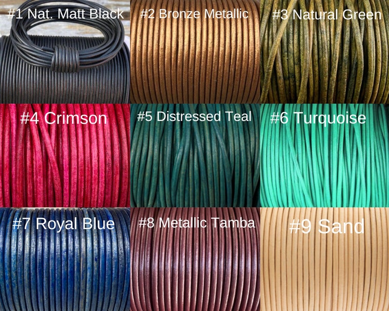 May include: Nine spools of leather cord in various colors, including natural black, bronze metallic, natural green, crimson, distressed teal, turquoise, royal blue, metallic tamba, and sand.