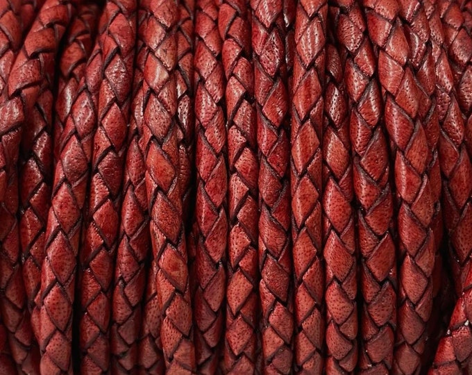 3mm Braided Leather - Antique Red - Bolo Braided Leather Cord  By The Yard - LCBR - 3  Antique Red #22