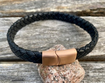 Mens Leather Bracelet With Rose Gold  Slide Lock Clasp, Mens Bracelet, Braided Bolo Leather, Gifts under 20 CS-127