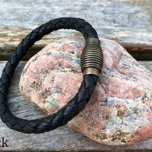 Mens Leather Bracelet With Brass Magnetic Clasp, Braided Bolo Leather Bracelet, Gifts Under 20 CS-18 Black