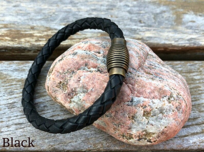 Mens Leather Bracelet With Brass Magnetic Clasp, Braided Bolo Leather Bracelet, Gifts Under 20 CS-18 Black