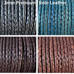 May include: Four spools of 3mm premium bolo leather cord in black, teal, brown, and rust colors. The leather is braided and has a textured finish.