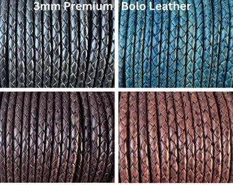 3mm Premium European Braided Leather Cord, 3mm Round Braided Leather - 5 Colors - 3mm Bolo Braided Leather Cord By The Yard - LCBR - 3mm