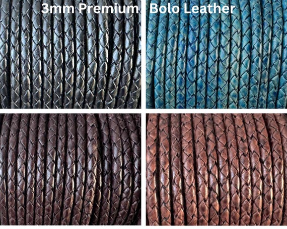 3mm Premium European Braided Leather Cord, 3mm Round Braided Leather - 5 Colors - 3mm Bolo Braided Leather Cord By The Yard - LCBR - 3mm