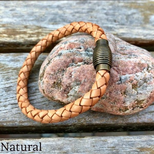 Mens Leather Bracelet With Brass Magnetic Clasp, Braided Bolo Leather Bracelet, Gifts Under 20 CS-18 Natural