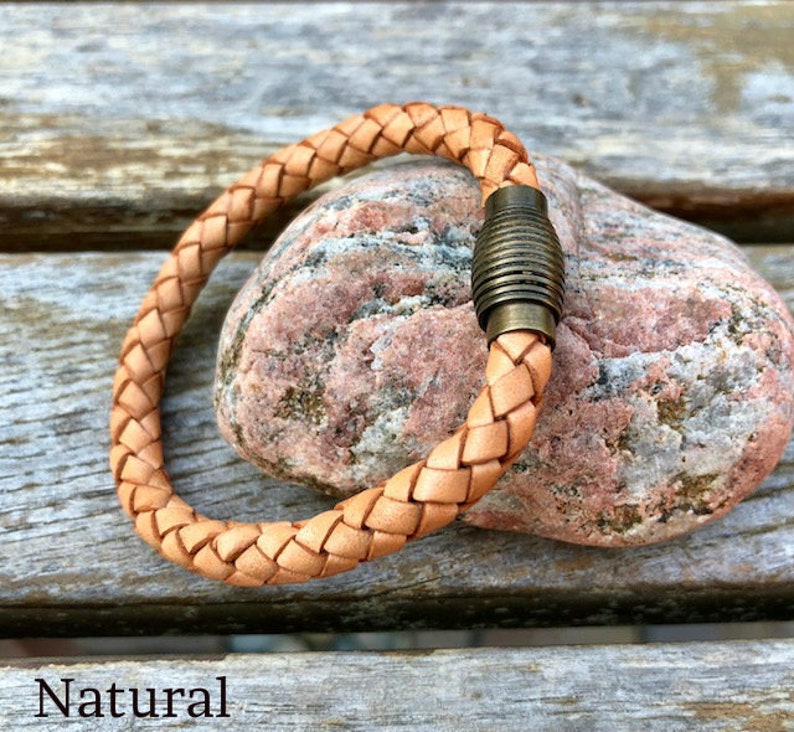 Mens Leather Bracelet With Brass Magnetic Clasp, Braided Bolo Leather Bracelet, Gifts Under 20 CS-18 Natural