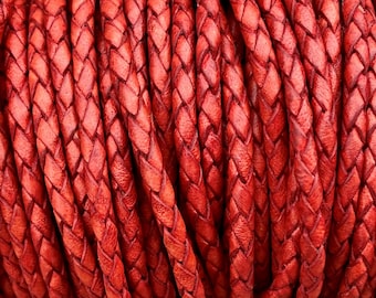 3mm Braided Leather - Red - Bolo Braided Leather Cord  By The Yard - LCBR - 3  Red #16