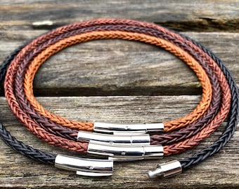 4mm Braided Leather Necklace, Premium 8 Ply Square Braided Bolo Leather Cord Necklace, Stainless Steel Clasp, FREE SHIPPING USA