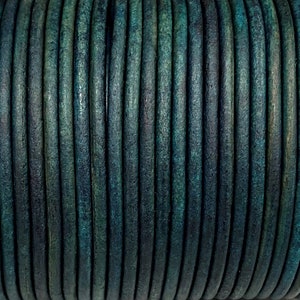 1.5mm Distressed Denim Round Leather Cord, Leather Supplies, Blue Green Leather, Jewelry Leather, By The Yard LCR1.5 - Distressed Denim #82