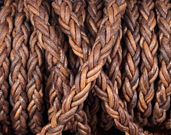 7.5mm Round Braided Leather Cord - Walnut Wood - Natural Dye - 7.5mm Wide - 8 Strand Braided Cord - 8 Ply By The Foot Walnut Wood