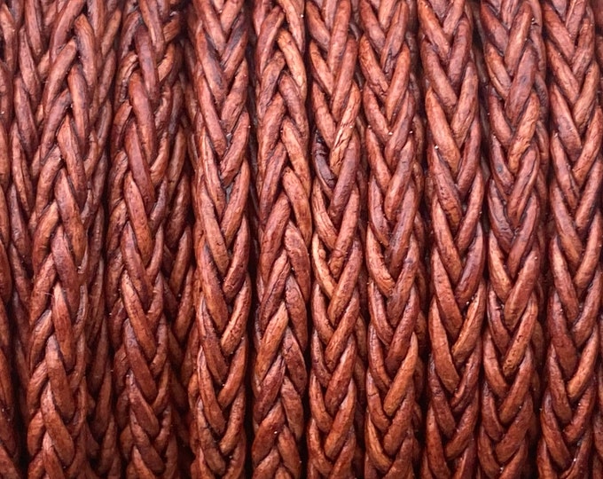 4mm Red Brown Square Braided Bolo Leather Cord - By The Foot - 8 Strand Braided Cord LCBR - 4  Red Brown #H