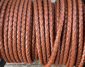 4mm Light Brown Bolo Braided Leather - 4mm Premium European Braided Leather Cord All Leather No Filler LCBR-4  Light Brown #C