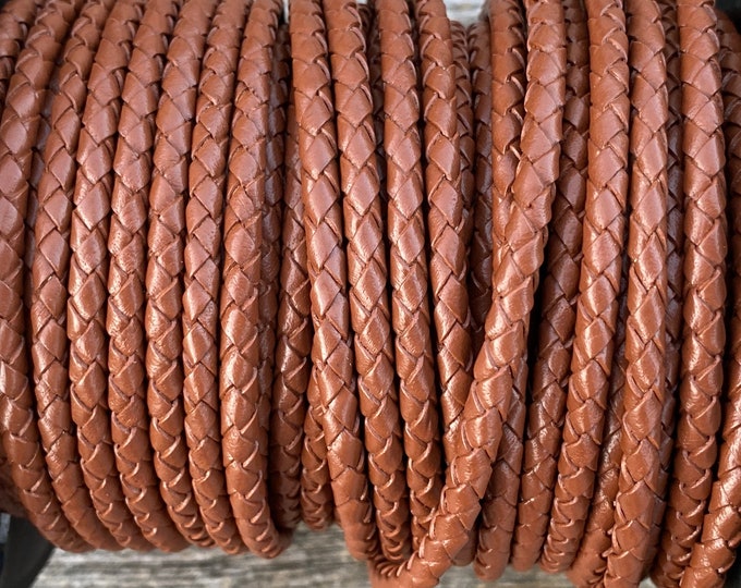 4mm Light Brown Bolo Braided Leather - 4mm Premium European Braided Leather Cord All Leather No Filler LCBR-4  Light Brown #N