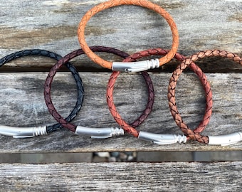 Mens Leather Bracelet With Stainless Steel Locking Secure Clasp, 4mm Mens Bracelet, Dad Gift, Gifts under 20 CS-64