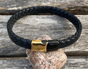Mens Leather Bracelet With Black and Gold Slide Lock Clasp, Mens Bracelet, Braided Bolo Leather, Gifts under 20 CS-111