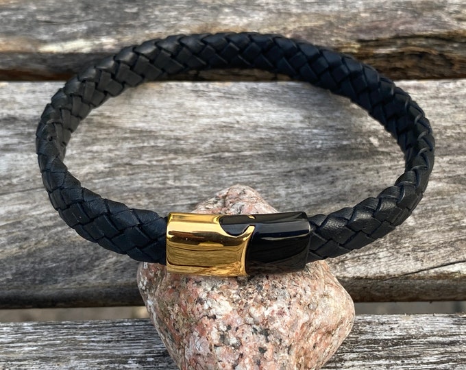 Mens Leather Bracelet With Black and Gold Magnetic Slide Lock Clasp, Mens Bracelet, Braided Bolo Leather, Gifts under 20 CS-111