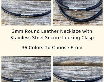 3mm Round Leather Necklace with Stainless Steel Secure  Clasp, Leather Choker, Wrap Bracelet, Leather necklace, 36 Colors