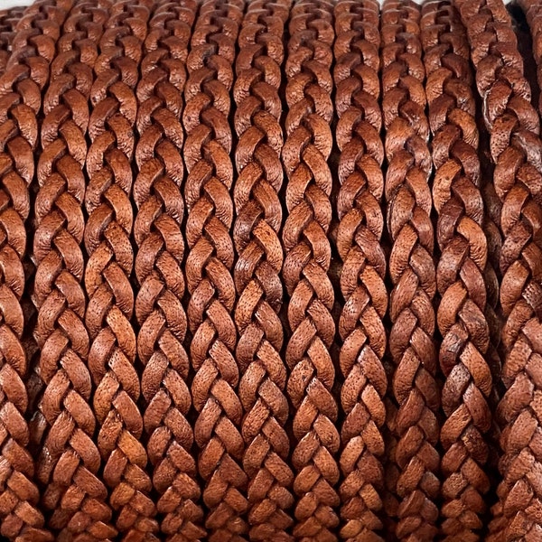 7mm Flat Braided Leather Cord - Premium Red Brown - By the Yard - 7mm Braided Leather - LCF5 - #21 Red Brown 7mm