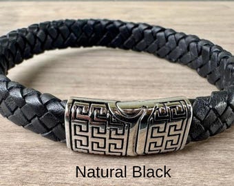 Mens Leather Bracelet, Flat Braided Leather Bracelet,  Mens Jewelry, Mens Gift, Women's Bracelet Gift Under 20 CS-167 Blacken