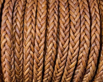 8mm Natural Light Brown Square Braided Bolo Leather Cord - By The Foot - 8 Strand Braided Cord Square Braided Natural Light Brown 8mm