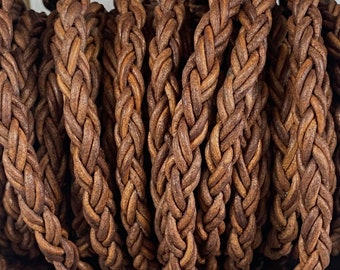 7.5mm Round Braided Leather Cord, BOGO SALE, Brown Rust - Natural Dye - 7.5 mm Wide - 8 Strand Braided Cord - 8 Ply By The Foot Brown Rust